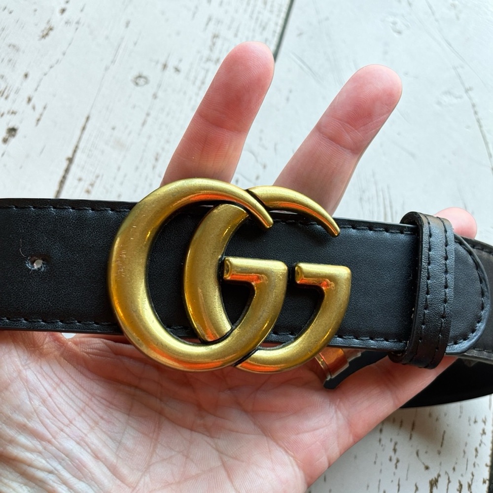 Vintage Gucci GG Logo Belt Black Leather Gold Buckle Size 95/38 Italy - Picture 3 of 15
